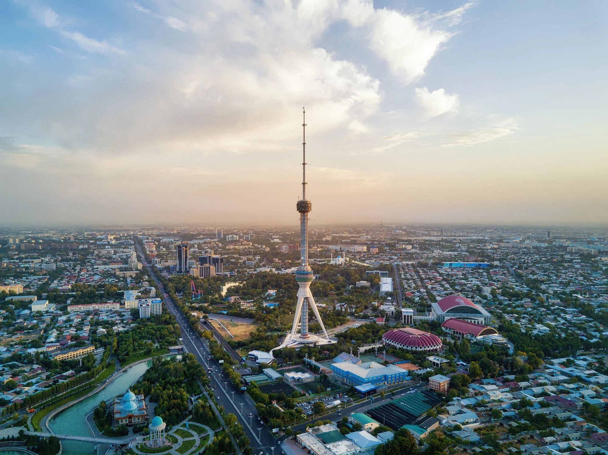 Aerial view of Tashkent with the TV tower at sunset